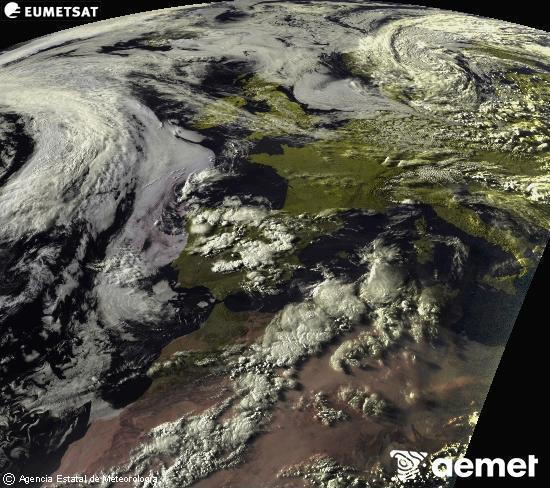 Esta imagen se genera utilizando informaci�n de los canales visibles del sat�lite METEOSAT perteneciente a la segunda generaci�n de sat�lites Meteosat (MSG). Por ese motivo, s�lo hay informaci�n en la zona iluminada por el sol. Adem�s, los canales han sido normalizados para que el brillo no dependa de la posici�n del sol.&nbsp;domingo, 14 junio 2026 a las 20:00