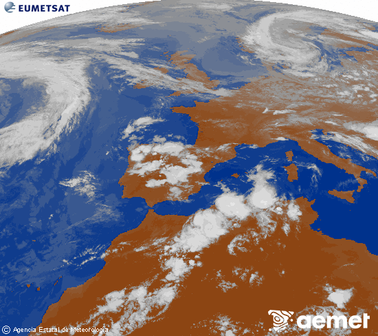 Imagen de la zona de Europa y Norte de �frica del canal infrarrojo del sat�lite Meteosat operacional en 0�N 0�W, procesada para darle color.&nbsp;Sunday, 14 June  2026 20:00