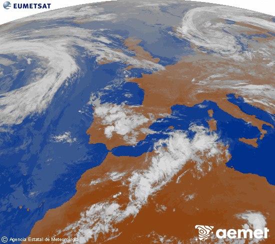 Imagen de la zona de Europa y Norte de �frica del canal infrarrojo del sat�lite Meteosat operacional en 0�N 0�W, procesada para darle color.&nbsp;Sunday, 14 June  2026 23:00