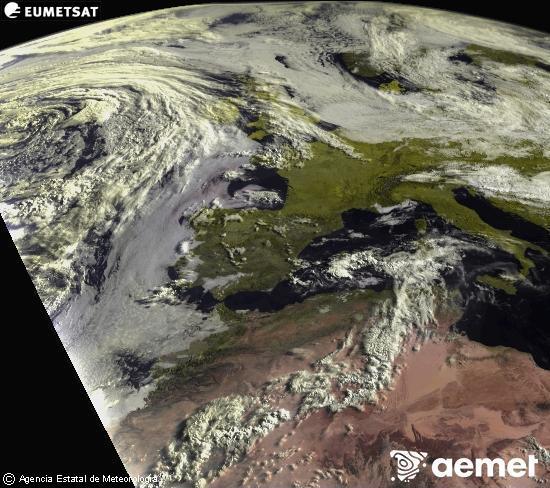 Esta imagen se genera utilizando informaci�n de los canales visibles del sat�lite METEOSAT perteneciente a la segunda generaci�n de sat�lites Meteosat (MSG). Por ese motivo, s�lo hay informaci�n en la zona iluminada por el sol. Adem�s, los canales han sido normalizados para que el brillo no dependa de la posici�n del sol.&nbsp;lunes, 15 junio 2026 a las 08:00