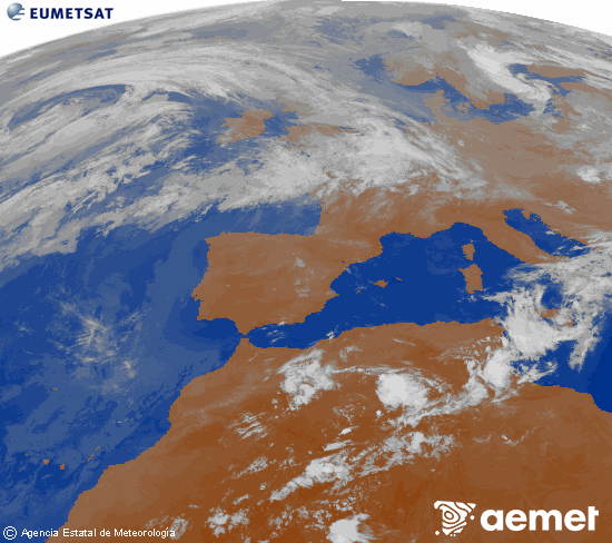 Imagen de la zona de Europa y Norte de �frica del canal infrarrojo del sat�lite Meteosat operacional en 0�N 0�W, procesada para darle color.&nbsp;asteartea, 2026ko ekainak 16, ordua: 03:00