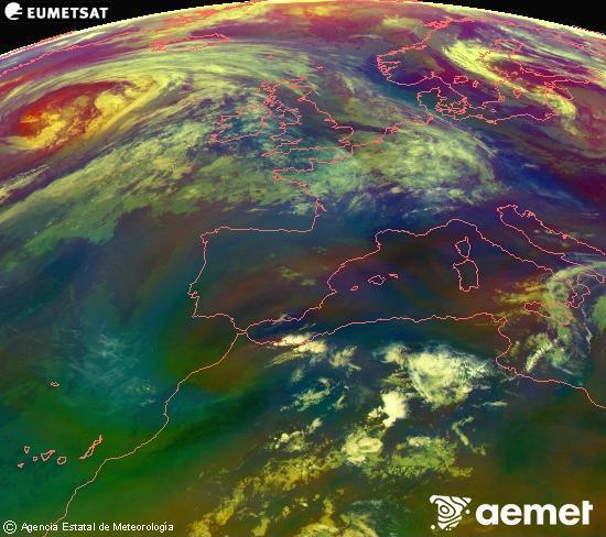 Composici� RGB en la qual es barregen diversos canals del sat�l�lit Meteosat operacional en 0�N 0�W, que ens d�na una idea de les caracter�stiques de les masses d'aire i de la nuvolositat.&nbsp;dimarts, 16 de juny  2026 08:00