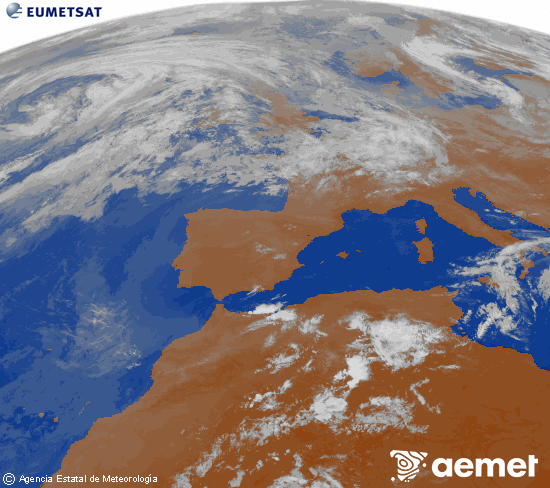 Imatge de la zona d'Europa i Nord d'�frica del canal infraroig del sat�l�lit Meteosat operacional en 0�N 0�W, processada per a donar-li color.&nbsp;dimarts, 16 de juny  2026 08:00