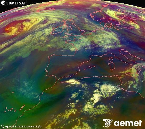 Composici� RGB en la qual es barregen diversos canals del sat�l�lit Meteosat operacional en 0�N 0�W, que ens d�na una idea de les caracter�stiques de les masses d'aire i de la nuvolositat.&nbsp;dimarts, 16 de juny  2026 09:00