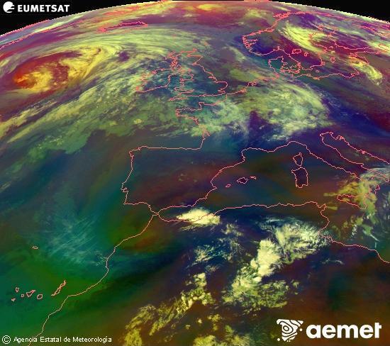 Composici� RGB en la qual es barregen diversos canals del sat�l�lit Meteosat operacional en 0�N 0�W, que ens d�na una idea de les caracter�stiques de les masses d'aire i de la nuvolositat.&nbsp;dimarts, 16 de juny  2026 10:00