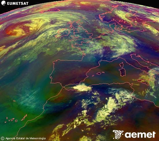 Composici� RGB en la qual es barregen diversos canals del sat�l�lit Meteosat operacional en 0�N 0�W, que ens d�na una idea de les caracter�stiques de les masses d'aire i de la nuvolositat.&nbsp;dimarts, 16 de juny  2026 11:00