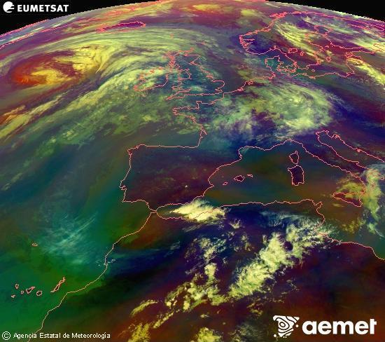 Composici� RGB en la qual es barregen diversos canals del sat�l�lit Meteosat operacional en 0�N 0�W, que ens d�na una idea de les caracter�stiques de les masses d'aire i de la nuvolositat.&nbsp;dimarts, 16 de juny  2026 12:00