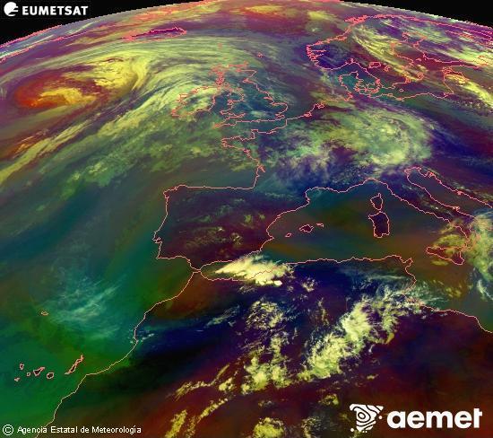 Composici� RGB en la qual es barregen diversos canals del sat�l�lit Meteosat operacional en 0�N 0�W, que ens d�na una idea de les caracter�stiques de les masses d'aire i de la nuvolositat.&nbsp;dimarts, 16 de juny  2026 13:00