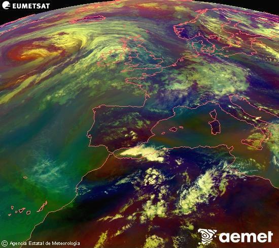 Composici� RGB en la qual es barregen diversos canals del sat�l�lit Meteosat operacional en 0�N 0�W, que ens d�na una idea de les caracter�stiques de les masses d'aire i de la nuvolositat.&nbsp;dimarts, 16 de juny  2026 14:00