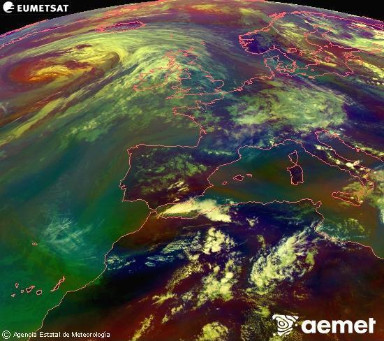 Composici� RGB en la qual es barregen diversos canals del sat�l�lit Meteosat operacional en 0�N 0�W, que ens d�na una idea de les caracter�stiques de les masses d'aire i de la nuvolositat.&nbsp;dimarts, 16 de juny  2026 15:00