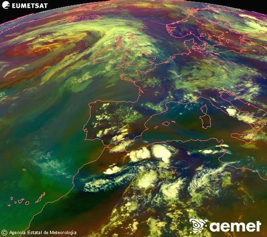 Composici� RGB en la qual es barregen diversos canals del sat�l�lit Meteosat operacional en 0�N 0�W, que ens d�na una idea de les caracter�stiques de les masses d'aire i de la nuvolositat.&nbsp;dimarts, 16 de juny  2026 19:00