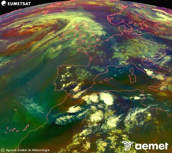 Composici� RGB en la qual es barregen diversos canals del sat�l�lit Meteosat operacional en 0�N 0�W, que ens d�na una idea de les caracter�stiques de les masses d'aire i de la nuvolositat.&nbsp;dimarts, 16 de juny  2026 20:00