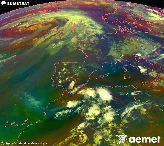 Composici� RGB en la qual es barregen diversos canals del sat�l�lit Meteosat operacional en 0�N 0�W, que ens d�na una idea de les caracter�stiques de les masses d'aire i de la nuvolositat.&nbsp;dimarts, 16 de juny  2026 21:00