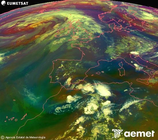 Composici� RGB en la qual es barregen diversos canals del sat�l�lit Meteosat operacional en 0�N 0�W, que ens d�na una idea de les caracter�stiques de les masses d'aire i de la nuvolositat.&nbsp;dimarts, 16 de juny  2026 22:00