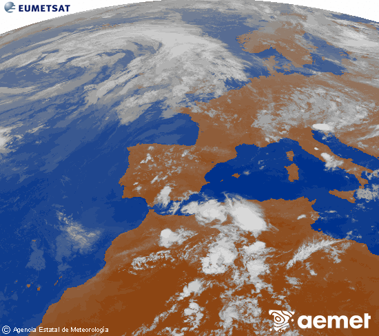 Imatge de la zona d'Europa i Nord d'�frica del canal infraroig del sat�l�lit Meteosat operacional en 0�N 0�W, processada per a donar-li color.&nbsp;dimarts, 16 de juny  2026 22:00