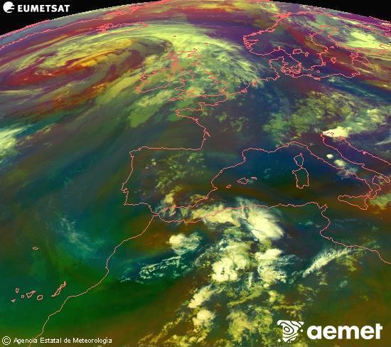 Composici� RGB en la qual es barregen diversos canals del sat�l�lit Meteosat operacional en 0�N 0�W, que ens d�na una idea de les caracter�stiques de les masses d'aire i de la nuvolositat.&nbsp;dimarts, 16 de juny  2026 23:00