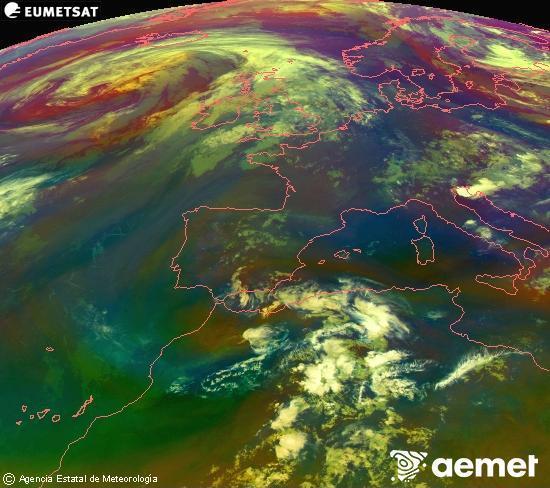Composici� RGB en la qual es barregen diversos canals del sat�l�lit Meteosat operacional en 0�N 0�W, que ens d�na una idea de les caracter�stiques de les masses d'aire i de la nuvolositat.&nbsp;dimecres, 17 de juny  2026 00:00