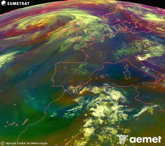 Composici� RGB en la qual es barregen diversos canals del sat�l�lit Meteosat operacional en 0�N 0�W, que ens d�na una idea de les caracter�stiques de les masses d'aire i de la nuvolositat.&nbsp;dimecres, 17 de juny  2026 01:00