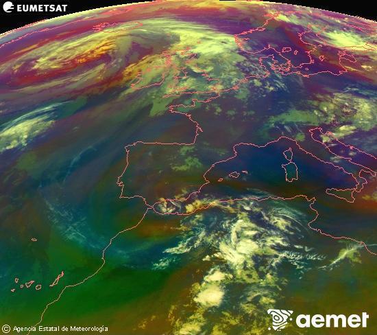 Composici� RGB en la qual es barregen diversos canals del sat�l�lit Meteosat operacional en 0�N 0�W, que ens d�na una idea de les caracter�stiques de les masses d'aire i de la nuvolositat.&nbsp;dimecres, 17 de juny  2026 03:00