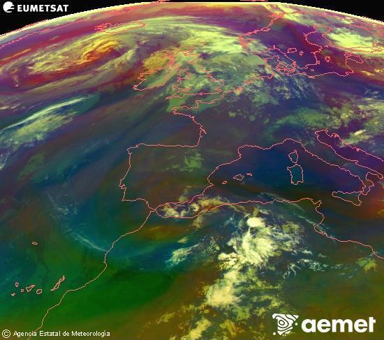 Composici� RGB en la qual es barregen diversos canals del sat�l�lit Meteosat operacional en 0�N 0�W, que ens d�na una idea de les caracter�stiques de les masses d'aire i de la nuvolositat.&nbsp;dimecres, 17 de juny  2026 05:00