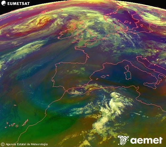 Composici� RGB en la qual es barregen diversos canals del sat�l�lit Meteosat operacional en 0�N 0�W, que ens d�na una idea de les caracter�stiques de les masses d'aire i de la nuvolositat.&nbsp;dimecres, 17 de juny  2026 07:00