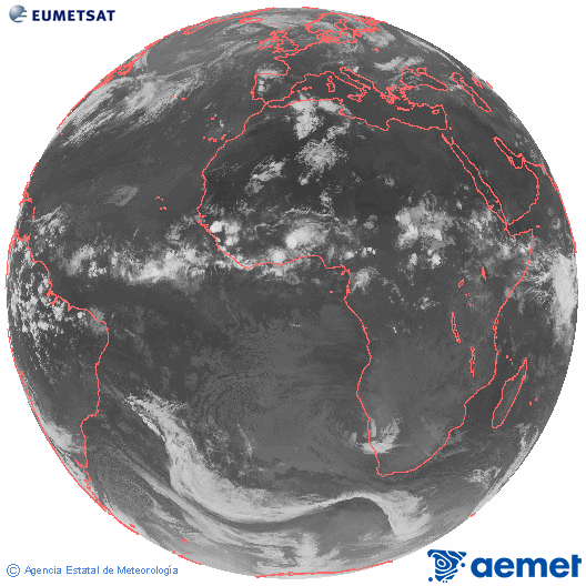 Imagen global del canal infrarrojo (10.8 &mu;m) del sat�lite Meteosat, perteneciente a la serie MSG (Meteosat Segunda Generaci�n) y situado en 0�N 0�E.&nbsp;mi�rcoles, 17 junio 2026 a las 23:00