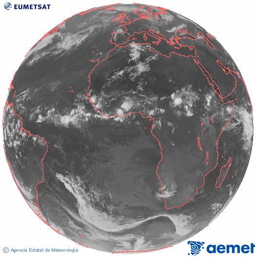 Imagen global del canal infrarrojo (10.8 &mu;m) del sat�lite Meteosat, perteneciente a la serie MSG (Meteosat Segunda Generaci�n) y situado en 0�N 0�E.&nbsp;jueves, 18 junio 2026 a las 02:00
