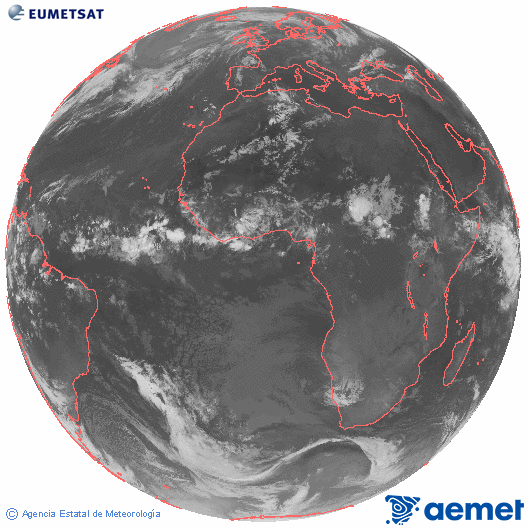 Imagen global del canal infrarrojo (10.8 &mu;m) del sat�lite Meteosat, perteneciente a la serie MSG (Meteosat Segunda Generaci�n) y situado en 0�N 0�E.&nbsp;jueves, 18 junio 2026 a las 05:00