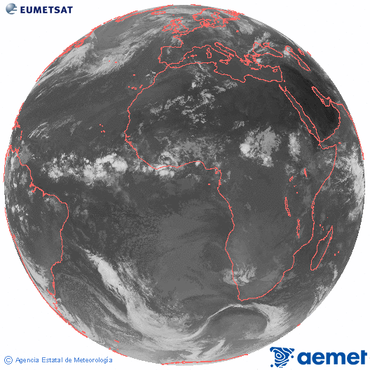 Imagen global del canal infrarrojo (10.8 &mu;m) del sat�lite Meteosat, perteneciente a la serie MSG (Meteosat Segunda Generaci�n) y situado en 0�N 0�E.&nbsp;jueves, 18 junio 2026 a las 08:00