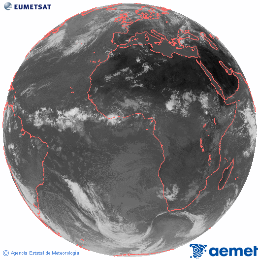 Imagen global del canal infrarrojo (10.8 &mu;m) del sat�lite Meteosat, perteneciente a la serie MSG (Meteosat Segunda Generaci�n) y situado en 0�N 0�E.&nbsp;jueves, 18 junio 2026 a las 11:00