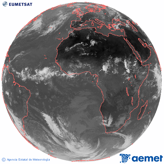 Imagen global del canal infrarrojo (10.8 &mu;m) del sat�lite Meteosat, perteneciente a la serie MSG (Meteosat Segunda Generaci�n) y situado en 0�N 0�E.&nbsp;jueves, 18 junio 2026 a las 14:00