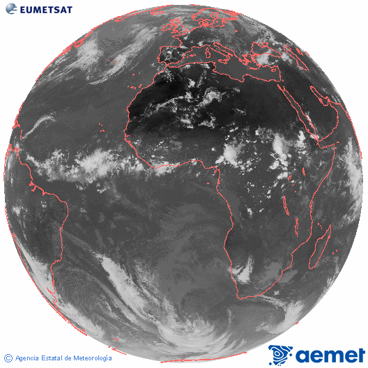Imagen global del canal infrarrojo (10.8 &mu;m) del sat�lite Meteosat, perteneciente a la serie MSG (Meteosat Segunda Generaci�n) y situado en 0�N 0�E.&nbsp;jueves, 18 junio 2026 a las 17:00