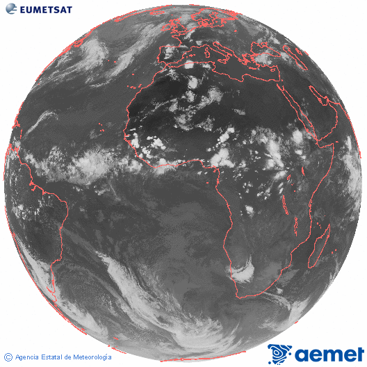Imagen global del canal infrarrojo (10.8 &mu;m) del sat�lite Meteosat, perteneciente a la serie MSG (Meteosat Segunda Generaci�n) y situado en 0�N 0�E.&nbsp;jueves, 18 junio 2026 a las 20:00