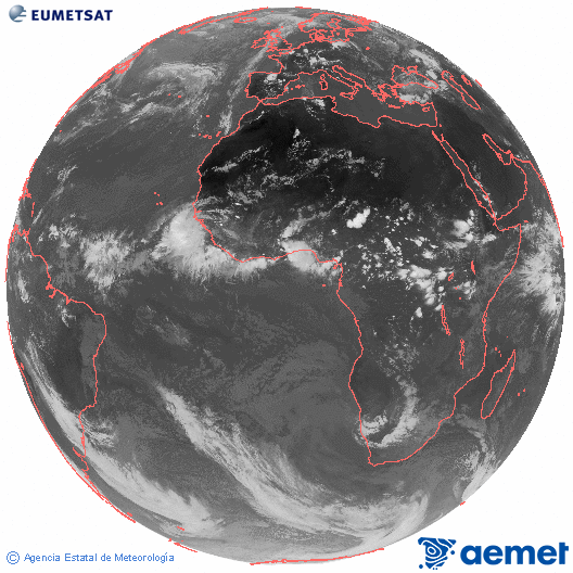 Imaxe global da canle infravermella (10.8 &mu;m) do sat�lite  Meteosat, pertencente � serie MSX (Meteosat Segunda Xeraci�n) e situado en 0�N 0�E.&nbsp;venres, 19 xu�o  2026 17:00