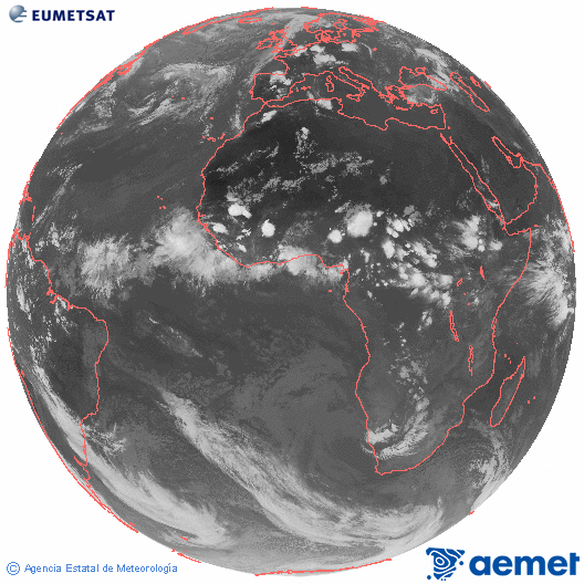 Imaxe global da canle infravermella (10.8 &mu;m) do sat�lite  Meteosat, pertencente � serie MSX (Meteosat Segunda Xeraci�n) e situado en 0�N 0�E.&nbsp;venres, 19 xu�o  2026 20:00