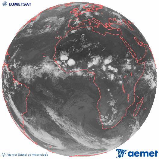 Imaxe global da canle infravermella (10.8 &mu;m) do sat�lite  Meteosat, pertencente � serie MSX (Meteosat Segunda Xeraci�n) e situado en 0�N 0�E.&nbsp;venres, 19 xu�o  2026 23:00