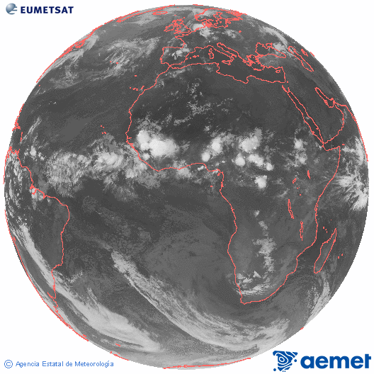 Imaxe global da canle infravermella (10.8 &mu;m) do sat�lite  Meteosat, pertencente � serie MSX (Meteosat Segunda Xeraci�n) e situado en 0�N 0�E.&nbsp;s�bado , 20 xu�o  2026 02:00