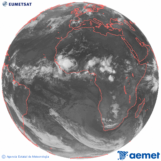 Imaxe global da canle infravermella (10.8 &mu;m) do sat�lite  Meteosat, pertencente � serie MSX (Meteosat Segunda Xeraci�n) e situado en 0�N 0�E.&nbsp;s�bado , 20 xu�o  2026 05:00