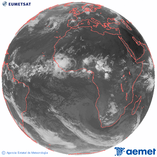 Imaxe global da canle infravermella (10.8 &mu;m) do sat�lite  Meteosat, pertencente � serie MSX (Meteosat Segunda Xeraci�n) e situado en 0�N 0�E.&nbsp;s�bado , 20 xu�o  2026 08:00