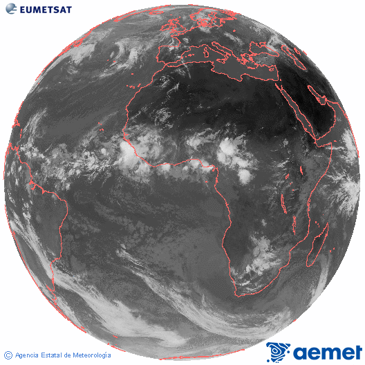 Imaxe global da canle infravermella (10.8 &mu;m) do sat�lite  Meteosat, pertencente � serie MSX (Meteosat Segunda Xeraci�n) e situado en 0�N 0�E.&nbsp;s�bado , 20 xu�o  2026 11:00