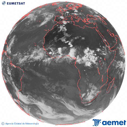 Imagen global del canal infrarrojo (10.8 &mu;m) del sat�lite Meteosat, perteneciente a la serie MSG (Meteosat Segunda Generaci�n) y situado en 0�N 0�E.&nbsp;s�bado, 20 junio 2026 a las 20:00