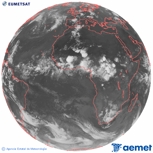 Imagen global del canal infrarrojo (10.8 &mu;m) del sat�lite Meteosat, perteneciente a la serie MSG (Meteosat Segunda Generaci�n) y situado en 0�N 0�E.&nbsp;s�bado, 20 junio 2026 a las 23:00