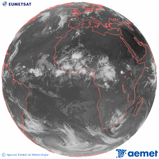 Imagen global del canal infrarrojo (10.8 &mu;m) del sat�lite Meteosat, perteneciente a la serie MSG (Meteosat Segunda Generaci�n) y situado en 0�N 0�E.&nbsp;domingo, 21 junio 2026 a las 08:00