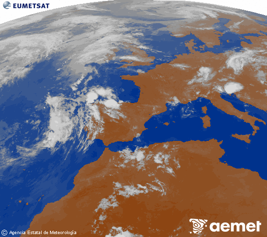 Imagen de la zona de Europa y Norte de �frica del canal infrarrojo del sat�lite Meteosat operacional en 0�N 0�W, procesada para darle color.&nbsp;lunes, 22 junio 2026 a las 01:00