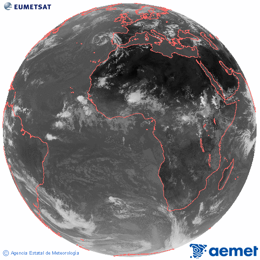 Imagen global del canal infrarrojo (10.8 &mu;m) del sat�lite Meteosat, perteneciente a la serie MSG (Meteosat Segunda Generaci�n) y situado en 0�N 0�E.&nbsp;martes, 23 junio 2026 a las 14:00