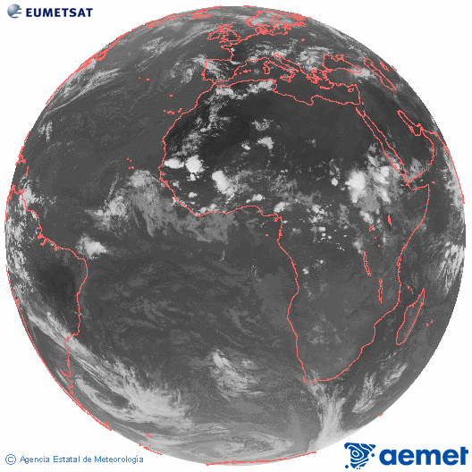Imagen global del canal infrarrojo (10.8 &mu;m) del sat�lite Meteosat, perteneciente a la serie MSG (Meteosat Segunda Generaci�n) y situado en 0�N 0�E.&nbsp;martes, 23 junio 2026 a las 20:00