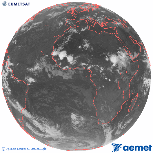 Imagen global del canal infrarrojo (10.8 &mu;m) del sat�lite Meteosat, perteneciente a la serie MSG (Meteosat Segunda Generaci�n) y situado en 0�N 0�E.&nbsp;martes, 23 junio 2026 a las 23:00