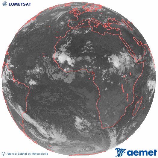 Imagen global del canal infrarrojo (10.8 &mu;m) del sat�lite Meteosat, perteneciente a la serie MSG (Meteosat Segunda Generaci�n) y situado en 0�N 0�E.&nbsp;mi�rcoles, 24 junio 2026 a las 02:00