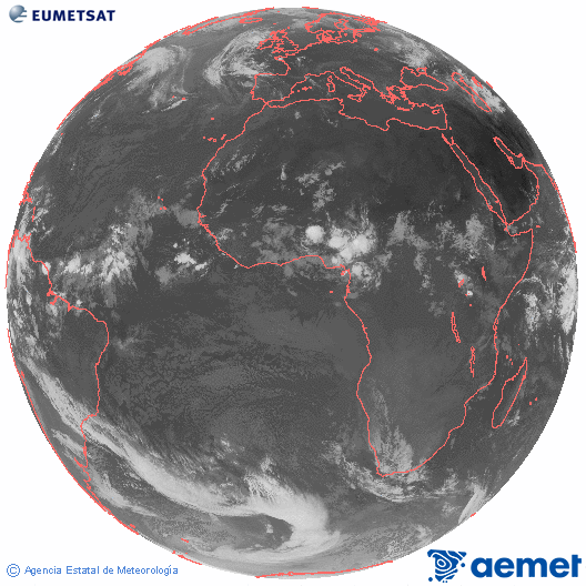 Imagen global del canal infrarrojo (10.8 &mu;m) del sat�lite Meteosat, perteneciente a la serie MSG (Meteosat Segunda Generaci�n) y situado en 0�N 0�E.&nbsp;jueves, 25 junio 2026 a las 08:00
