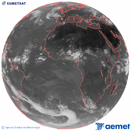 Imagen global del canal infrarrojo (10.8 &mu;m) del sat�lite Meteosat, perteneciente a la serie MSG (Meteosat Segunda Generaci�n) y situado en 0�N 0�E.&nbsp;jueves, 25 junio 2026 a las 11:00